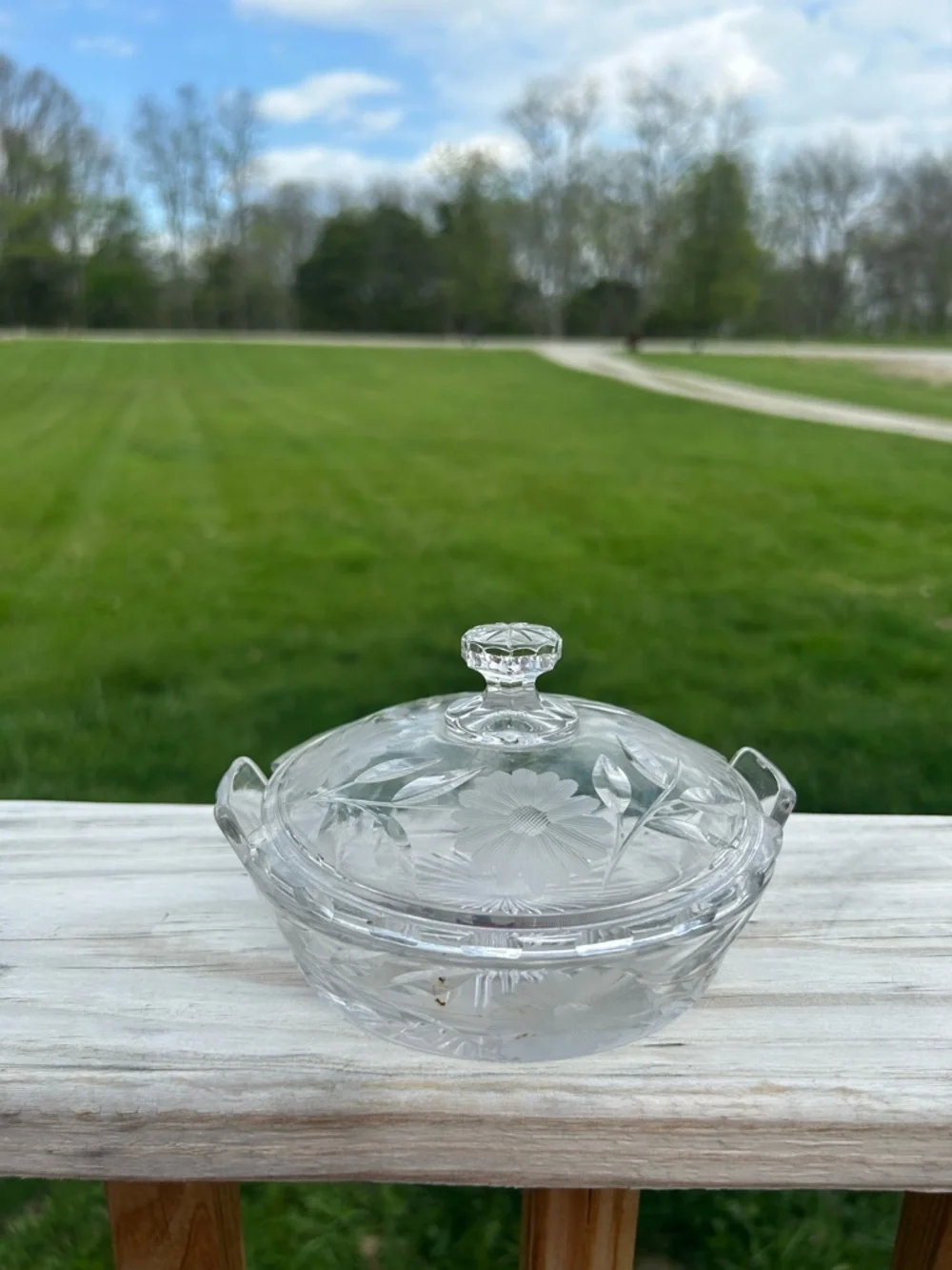 Vintage floral etched & starburst crystal‎ trinket box Candy Dish Classic W/lid
